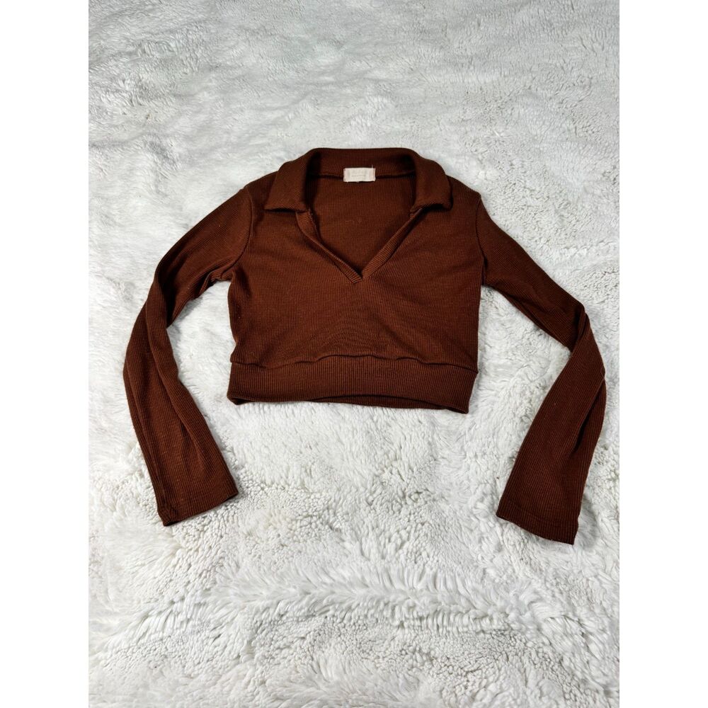 Altar'd State Brown Cropped Collared Long Sleeve Top Sweater